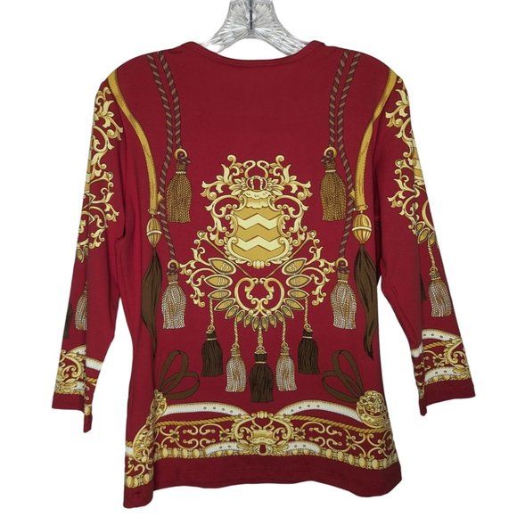 J McLaughlin red gold Medallion Tassel Print Catalina cloth Top size M - Picture 2 of 10